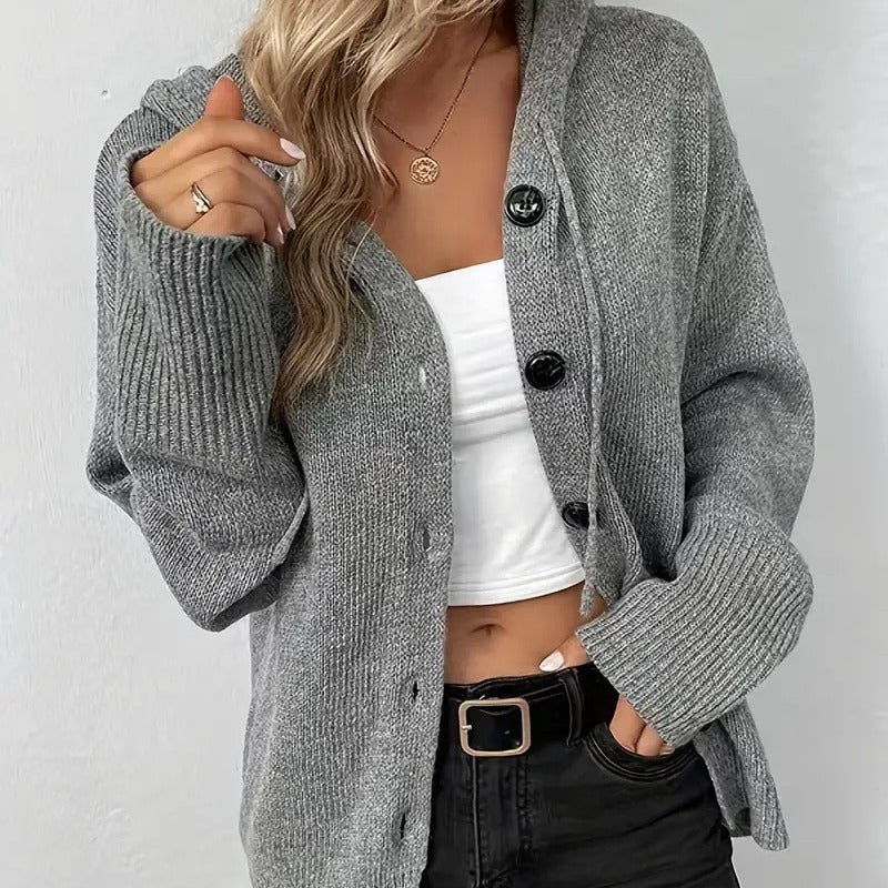 Solid color hooded single breasted sweater for women