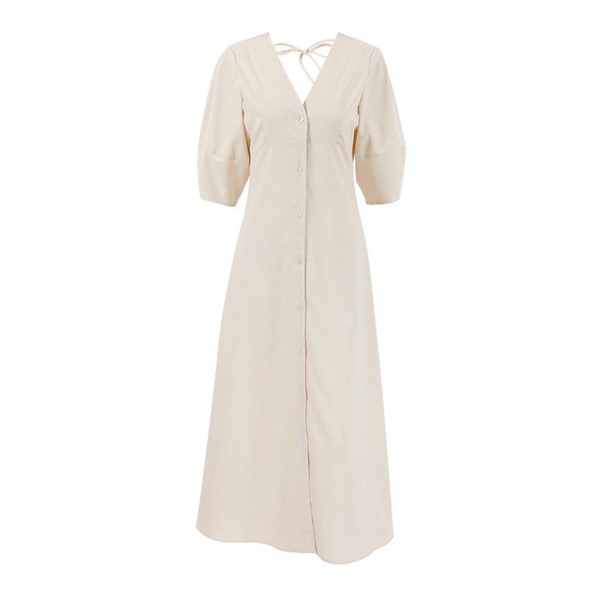 V-neck bubble sleeve loose mid length dress