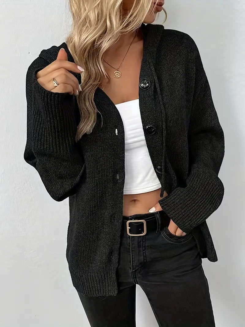 Solid color hooded single breasted sweater for women