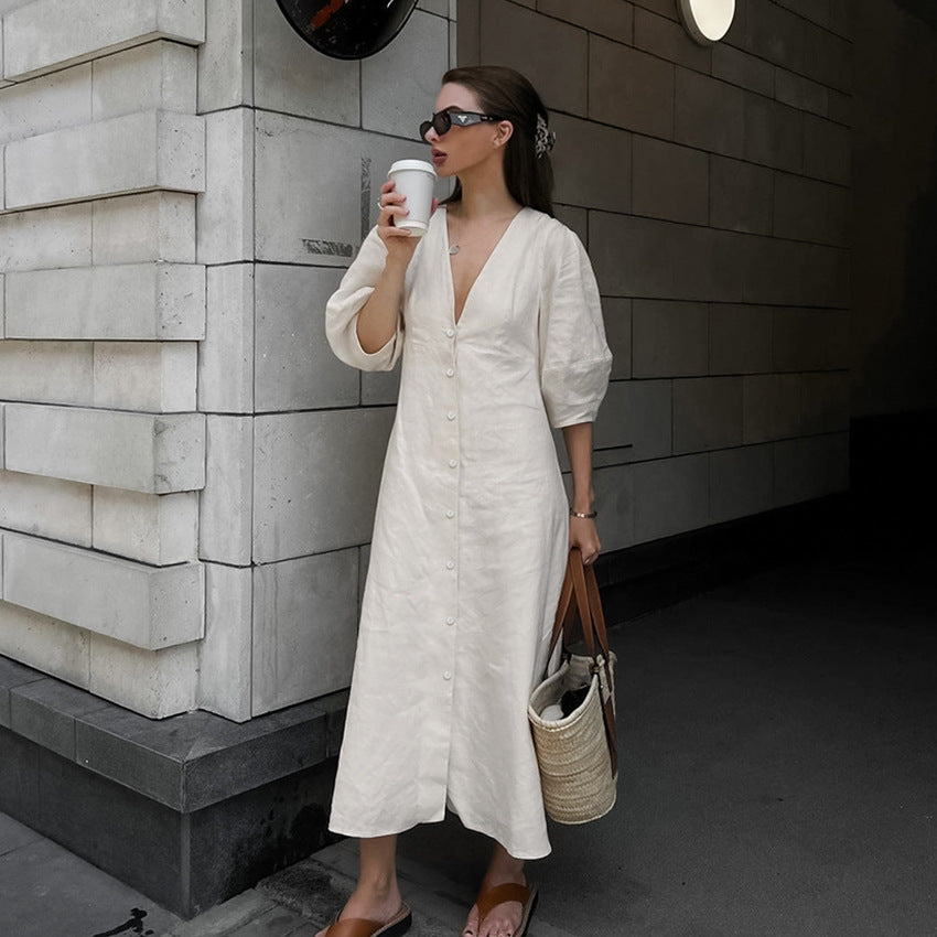 V-neck bubble sleeve loose mid length dress