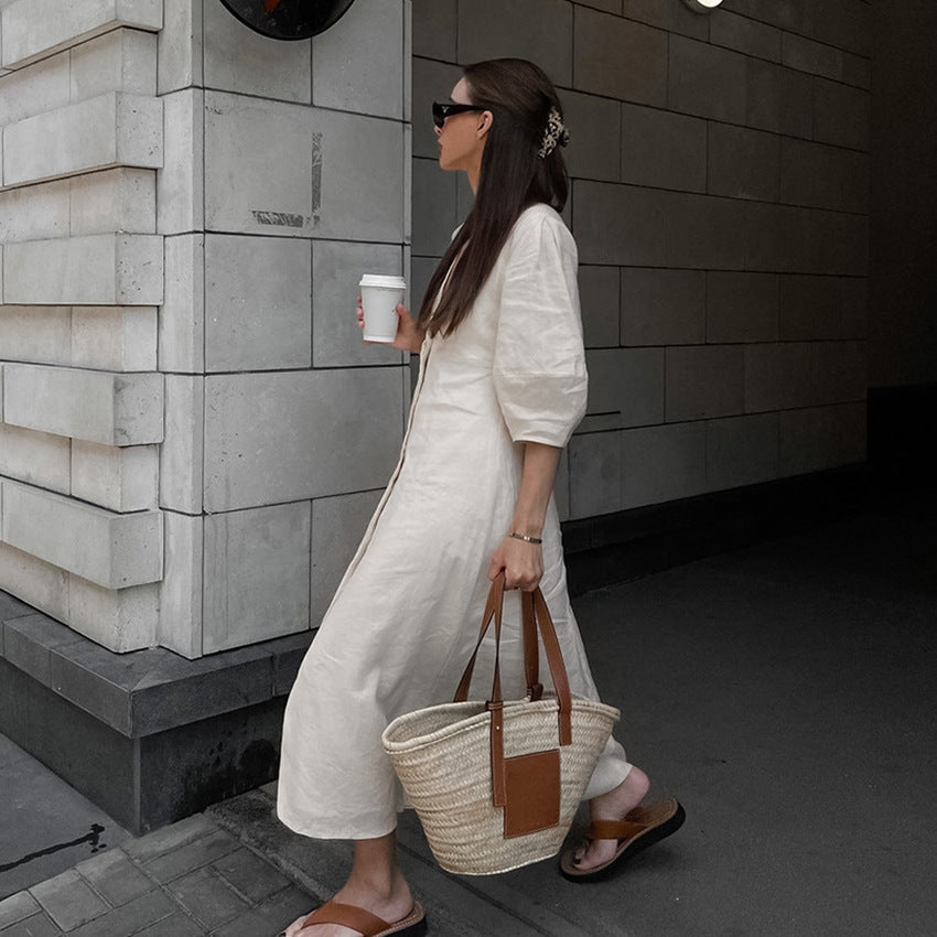 V-neck bubble sleeve loose mid length dress