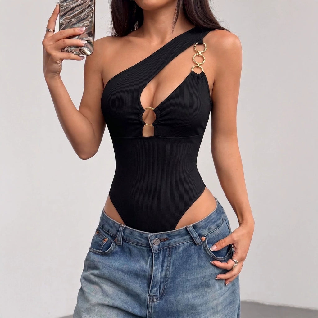 Slanted shoulder hollow tight jumpsuit for women